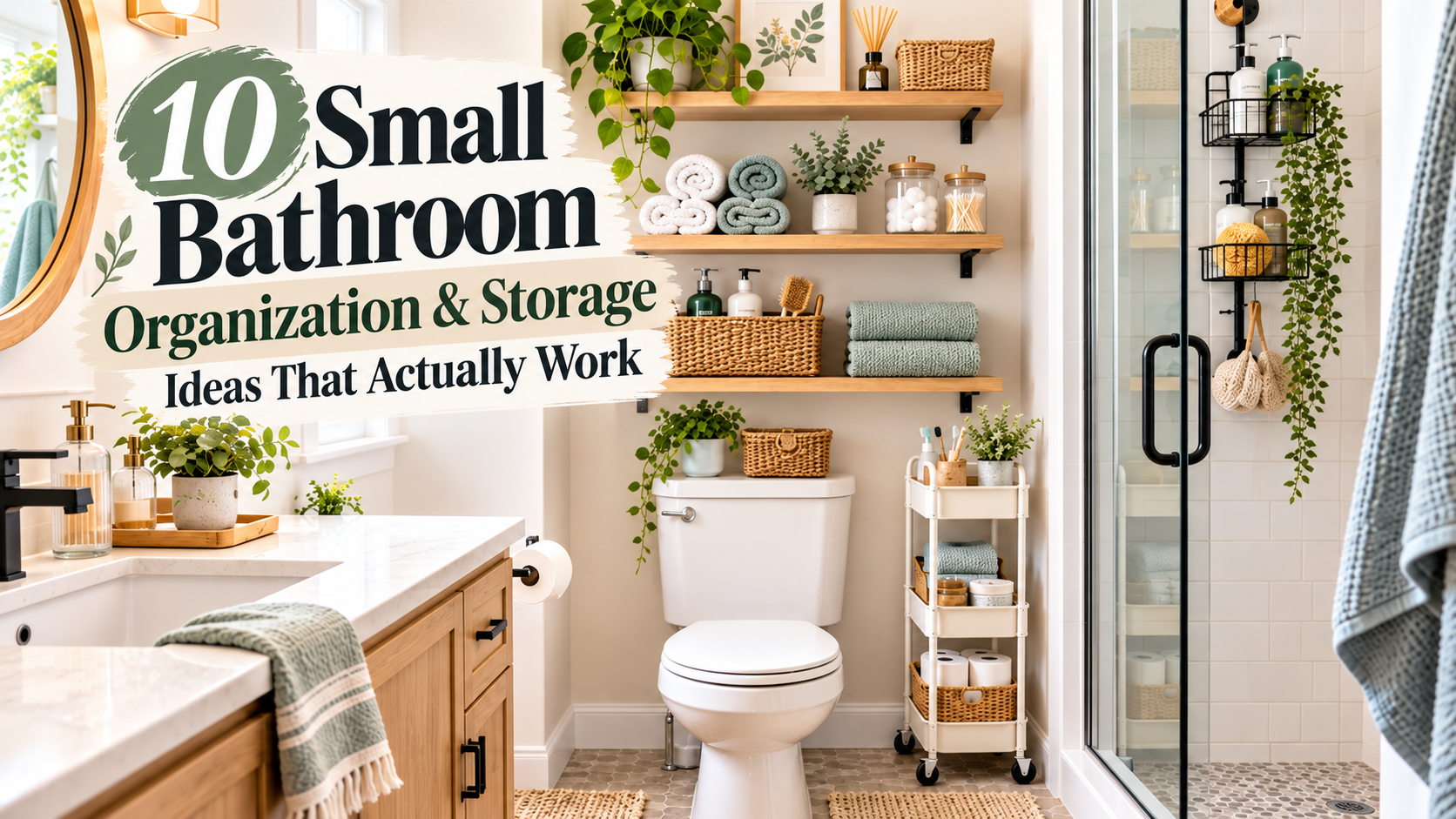 Organized small bathroom with over-the-toilet shelves, rolled towels, baskets, a narrow storage cart, and shower storage, with text reading “10 Small Bathroom Organization & Storage Ideas That Actually Work.”